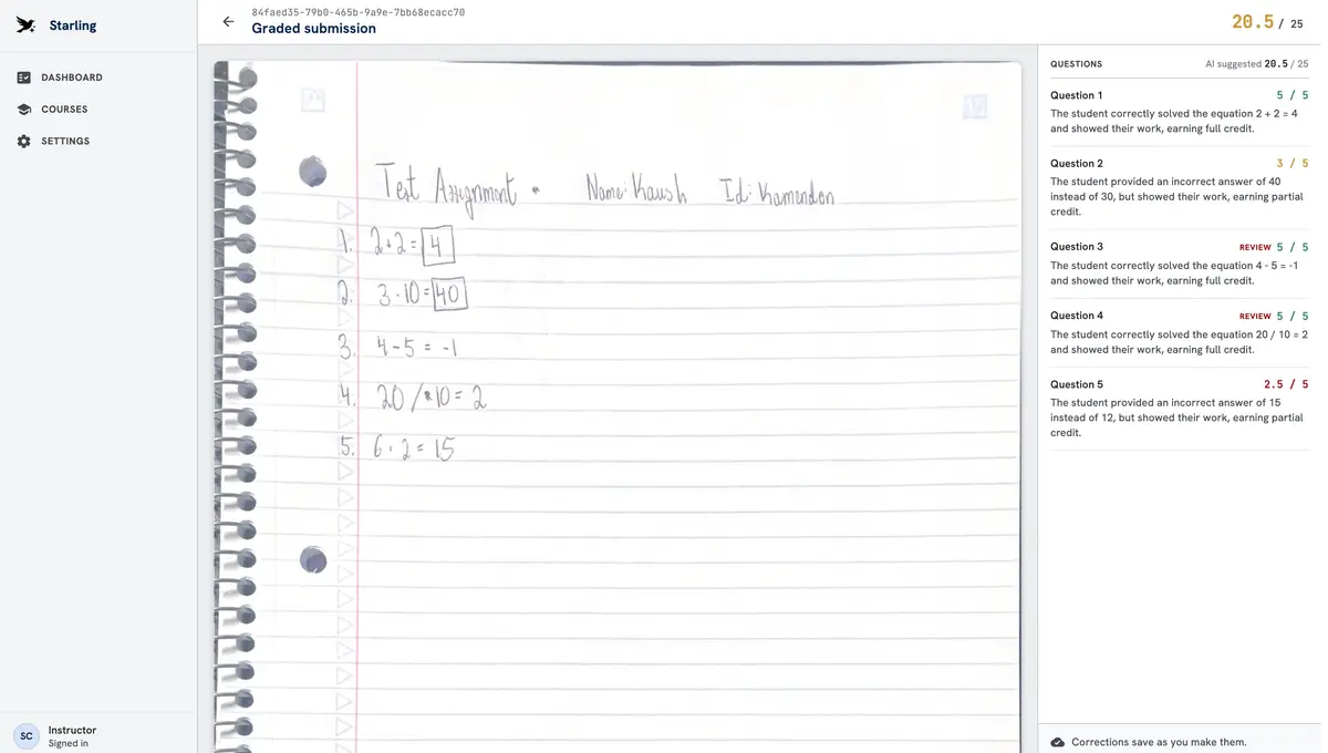 A graded handwritten submission beside per-question scores and Starling's reasoning