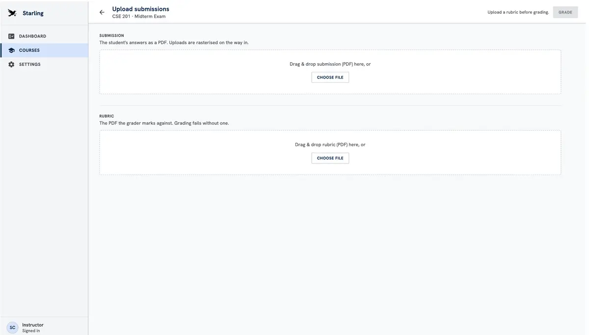Upload screen with drag and drop targets for a submission PDF and a rubric PDF